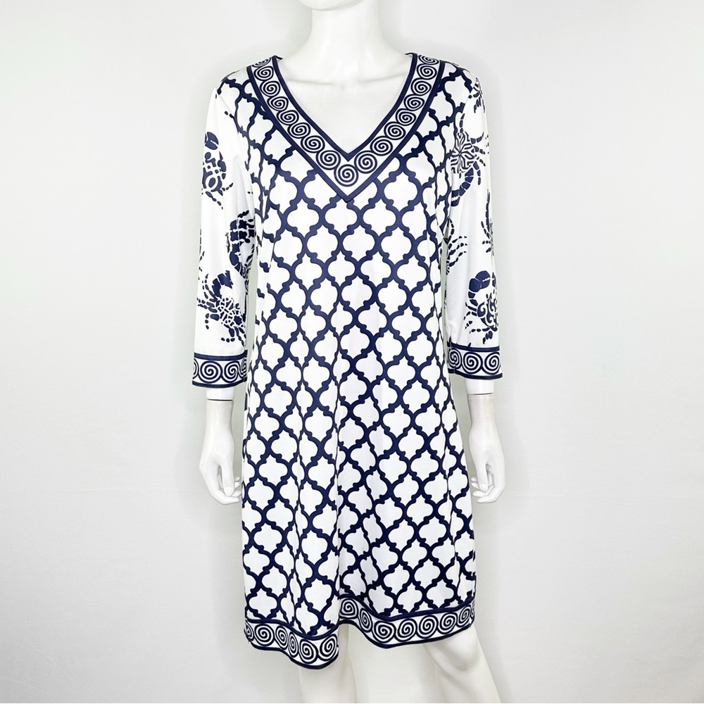 Gretchen Scott Navy Shift Dress Size L Moroccan Pattern Casual 3/4 Sleeve V-Neck